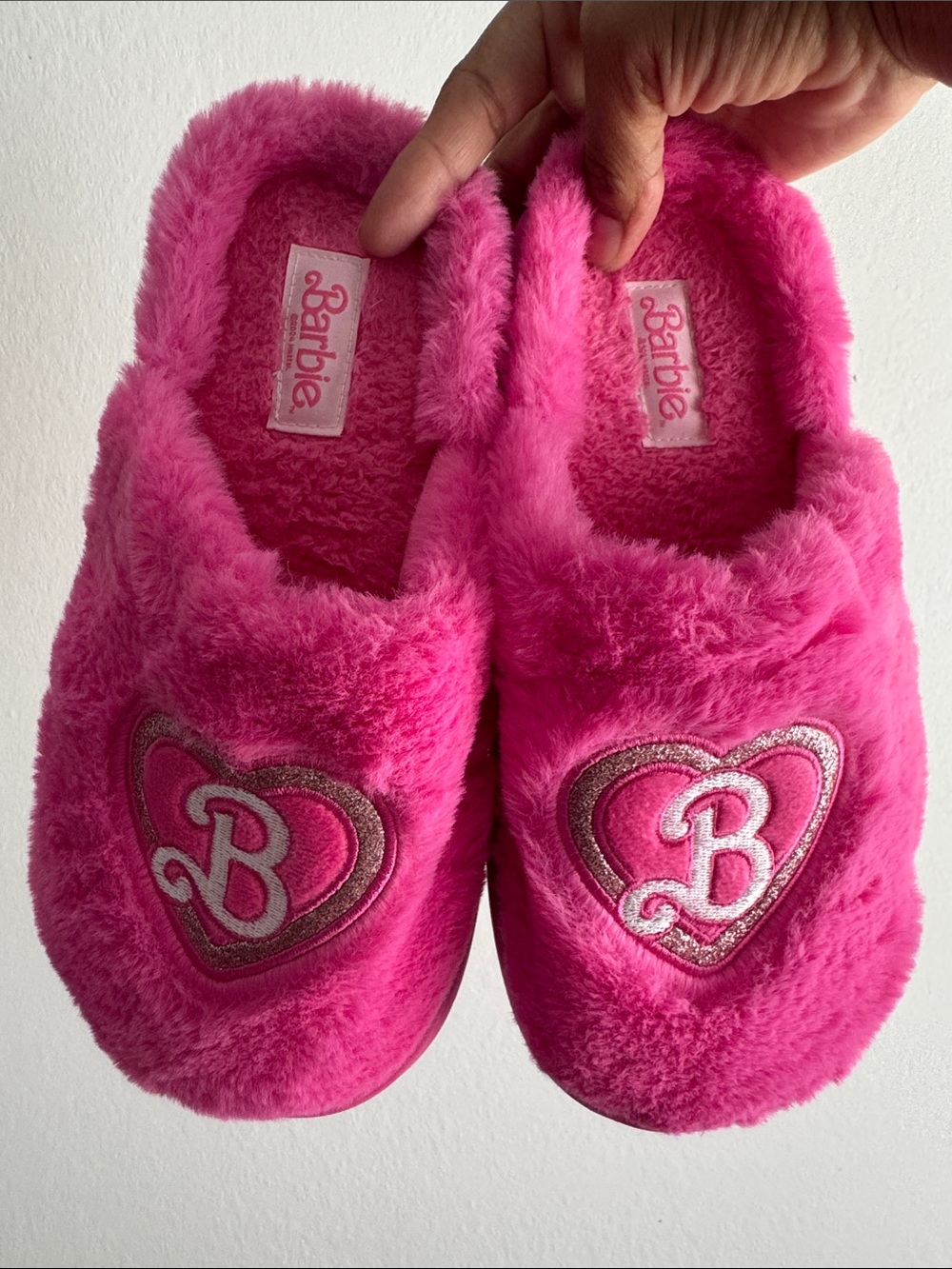 Barbie Bright Pink Plush Heart 'B' Slip-On Slippers